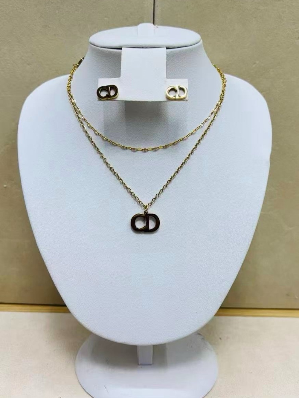 Gold Double 'CD' Pendant Necklace & Earrings Set - Elegant Women's Jewelry